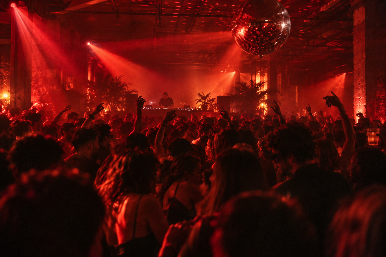 A DJ playing to a crowded dance floor under deep red lights